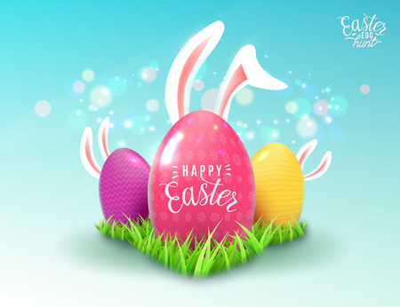 Easter background with green grass, color decorate eggs, easter bunny ears.のイラスト素材