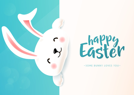 Easter card with white cute funny smiling rabbit, and Happy Easter text.のイラスト素材