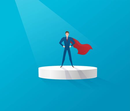 Superhero businessman standing on a platform elevation illuminated by lightのイラスト素材