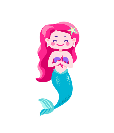 Cute happy mermaids with pink hair and blue tail, hold in hand starfish. Character cool design. Sea ocean theme. Vector illustration isolatedの写真素材