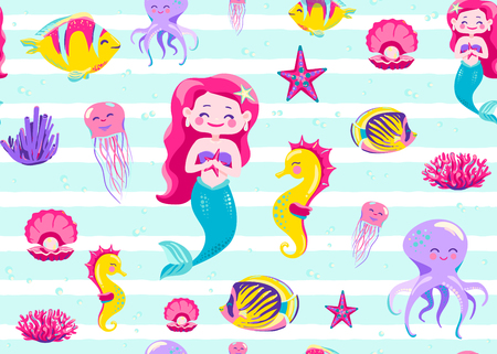 Mermaid pattern seamless vector illustration. Endless background for child print with striped white texture, ocean fish, seahorse, jellyfish, coral, octopus on light backdropの写真素材