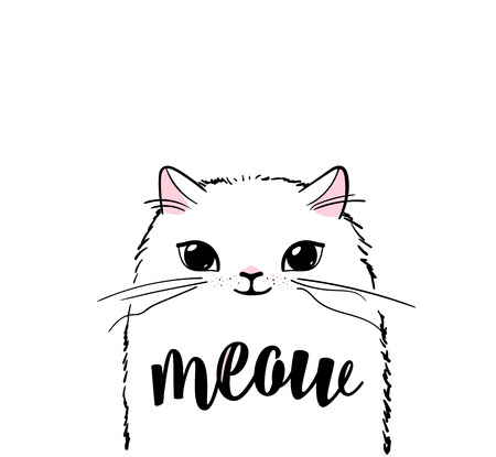 Cute cat vector print design. Meow lettering text. Kitten face vector background. Funny and cool smiling cartoon character. Love baby illustration.のイラスト素材