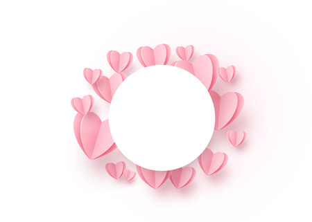Heart round background with light pink paper hearts and circle white frame at the centre. Copy space. Love pattern for graphic design, cards, banner, flyer greetings. Vector illustration.のイラスト素材