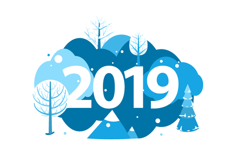 2019 Happy new year greeting card. Winter holiday landscape round concept with trees, mountains, spruce and fir. Round design concept isolated on white. Vector illustrationのイラスト素材
