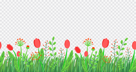 Spring grass seamless border vector with flowers. Floral wildflower springtime nature plant element isolated on transparent background in minimal style.のイラスト素材