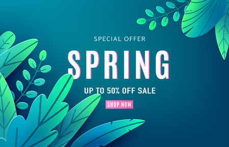 Spring sale background banner with fantasy leaves. Paper cut style with copy space, corner composition. Vector illustration springtime template for flyers, poster, brochure, voucher discount.のイラスト素材