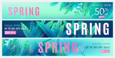 Spring sale background. Springtime discount poster set with bright green blue fantasy leaves, light effect, season type text sign 50 percent off. Promo offer template. Vector illustration.のイラスト素材