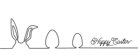 Happy Easter bunny greeting card in simple one line style with text celebration word sign. Copy space. Rabbit vector illustration. Black and white minimal concept.のイラスト素材