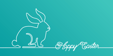 Happy Easter bunny banner background in simple one line style with greeting text and copy space in right side. Minimal rabbit concept vector illustration.のイラスト素材