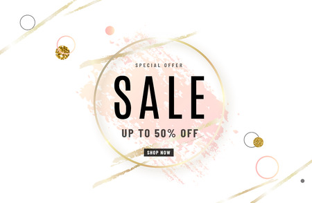 Fashion sale banner design background with gold circle frame, watercolor rose pink brush, special offer text, geometric elements. Up to 50 percent OFF. Vector illustration.のイラスト素材