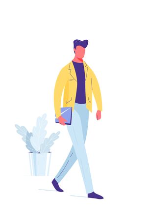 Man walk with laptop in his hand, vector background illustration in trendy simple flat style. Front viewのイラスト素材