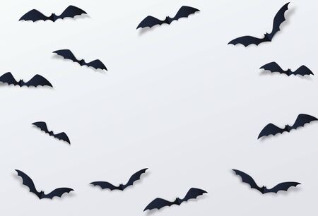 Halloween bat vector decor background. Paper cut style. Black vampire flittermouse flying over white...