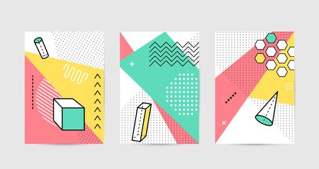 Poster design with geometric graphic elements. Geometrical shapes pattern set for abstract fashion vector background in trendy simple memphis styleのイラスト素材