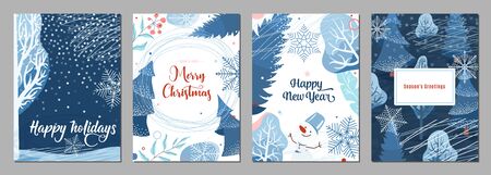 Winter poster background. Season holiday greetings set with snow, fir tree, berry, snowflakes, snowman and other graphic design elements. Creative modern flat christmas and new year celebration card.のイラスト素材