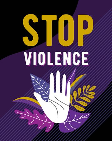 Stop violence against women poster design. Female hand open in stop gesture surrounded by leaves, plants on dark background. Vector illustration.のイラスト素材