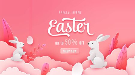 Easter sale banner background. Paper cut style holiday discount offer template with pink cloud, red leaves, white egg, bunny. Spring vector backdrop with typography promo text.のイラスト素材