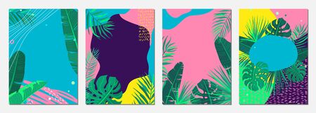 Summer abstract vector background set. Pattern design with tropical plants, wave geometric shapes and empty copy space at the center. Trendy minimal frames in simple flat styleのイラスト素材