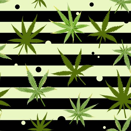 Cannabis seamless pattern with marijuana leaves, leaf silhouette, black and bright green strips, round dots. Vector illustration in flat simple trendy styleのイラスト素材