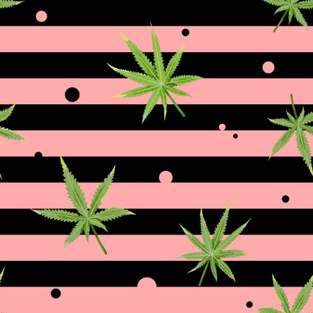Cannabis seamless pattern with green marijuana leaves, black and pink strips, round dots. Vector illustration in flat simple trendy styleのイラスト素材
