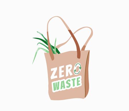 Zero waste. Store bag with green product and motivational type lettering quote text. Ecology poster for eco friendly lifestyle. Vector illustration isolated on whiteのイラスト素材