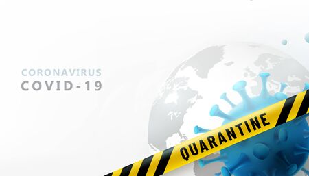 Coronavirus quarantine vector banner with empty copy space. Virus 2019-ncov attack earth globe. Warning protection strip in yellow and black color crosses illustration. Stop text biohazard signのイラスト素材