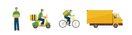 Set of delivery service vector illustration. Fast online deliver by courier man, bicycle, motorcycle and truck to work or home. Transport design in trendy flat style isolated on white background.のイラスト素材