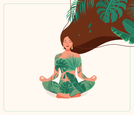 Mind wellness vector illustration. Young woman sitting in yoga lotus pose wearing leaves clothes. Very long hair with tropical plants. Positive think creative conceptのイラスト素材