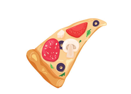 Delicious slice of pizza with cheese, olives, mushrooms, tomato, salami isolated on white background. I choose sweet positive life, design conceptのイラスト素材