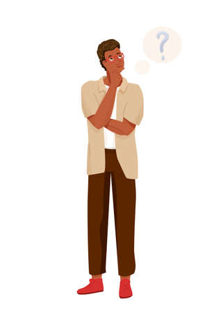 Think concept vector background. African american thoughtful man looking up thinking about solve problem. In full lengths. Question mark bubbles. Illustration of idea brainstorm isolated on whiteのイラスト素材