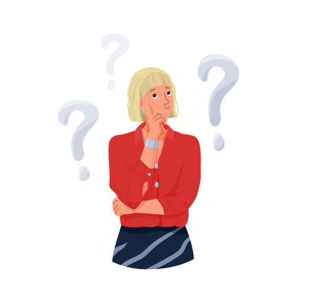 Think concept vector background. Thoughtful blond woman looking up thinking about solve problem. Question sign marks. Illustration of idea brainstorm isolated on whiteのイラスト素材