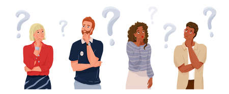Think people portrait collection with question sign. Different nationality thoughtful men and women thinking about solve problems. Vector illustration of brainstorm banner backgroundのイラスト素材