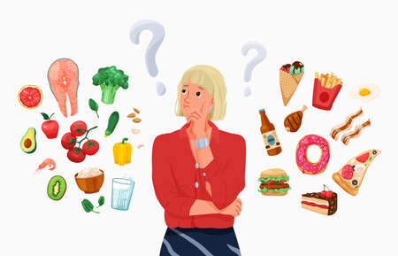Choice between healthy and unhealthy food concept vector background. Happy young blond woman thinking about choosing menu. Difficult choosing. Flat illustration in cartoon styleのイラスト素材
