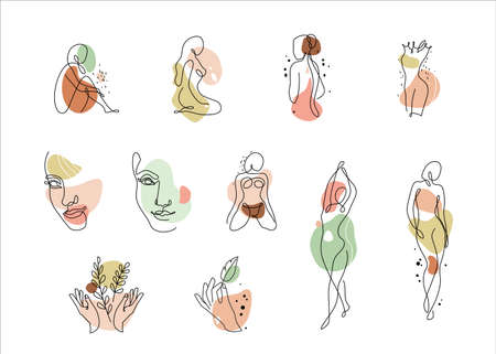 Abstract woman vector in continuous line art with color wave shape elements. Female faces, hands, posture in modern simple linear style isolated on white background. Beauty fashion icon, logo setのイラスト素材