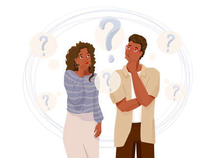 Young african american couple think about problem. Question symbol. Troubled woman and man thinking together. Vector illustration in simple flat cartoon style isolated on white backgroundのイラスト素材