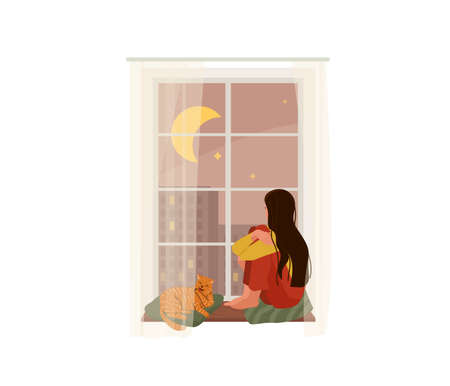 Young romantic girl with long hair looking through window while sitting on sill at home with next to a ginger tabby cat who licks his paw. Vector illustration of thinking, dreaming design conceptのイラスト素材