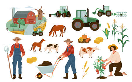 Farm illustrations vector set. Farmers working with wheelbarrow, gathering tomato harvest. Agricultural cute design elements tractor, barn, mill, wheat, pumpkin, corn, animal cow and horseのイラスト素材