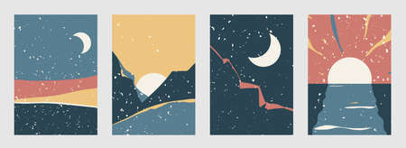 Abstract landscape vector background set in modern boho style. Contemporary minimal style patterns...