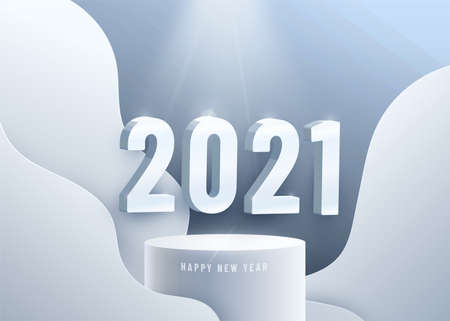 Happy new year 2021. Big 3d ice numbers on circular podium on which the light falls from above. Vector background in realistic style with liquide wave shapesのイラスト素材