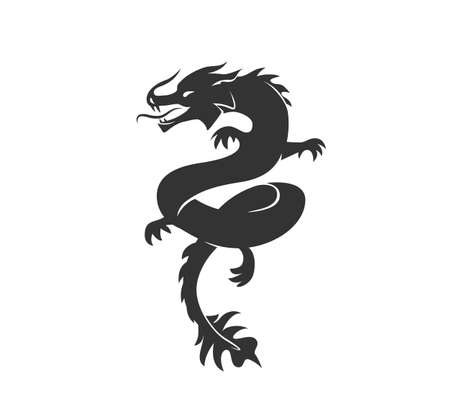 Dragon silhouette vector illustration. Black and white asian chinese traditional animal . Isolated on white backgroundのイラスト素材