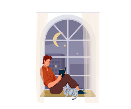 Man reading book vector background. Male character comfortable sitting on a windowsill with cat pet and read literature. Cozy modern interior. Concept design of readerのイラスト素材