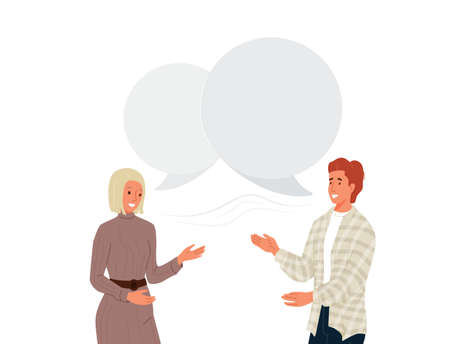 Couple people talking vector background. Young couple man and woman laughing and communicate. Speech bubble over characters. Illustration communication between human in modern flat cartoon styleのイラスト素材