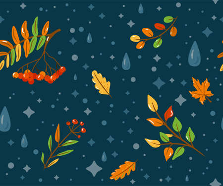 Autumn seamless pattern vector background with color rowan, water drops, fall leaves, floral plants...