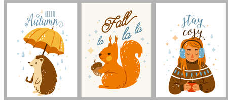 Autumn cool cozy vector illustration set with sweet quotes. Happy hedgehog walking under rain holding big yellow umbrella. Cute squirrel keep acorn. Pretty girl listen music and drink hot teaのイラスト素材
