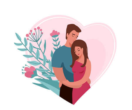 Man hugging and kissing woman in heart shape background with floral elements. Happy family couple vector illustration. Husband and wife concept. Isolated on white backgroundのイラスト素材
