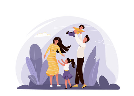 Happy family vector illustration with plants, sky. Mother, father, daughter and son hugging, playing and smiling, spending time together. Isolated on white backgroundのイラスト素材