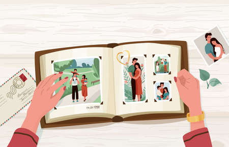 Photo album with family photographs, vector illustration in simple cartoon flat style with empty...