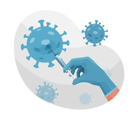 Nurse, doctor hand hold syringe with vaccine from coronavirus disease. Protect health vaccination campaign concept vector background. Design in simple modern flat style isolated on white backdropのイラスト素材