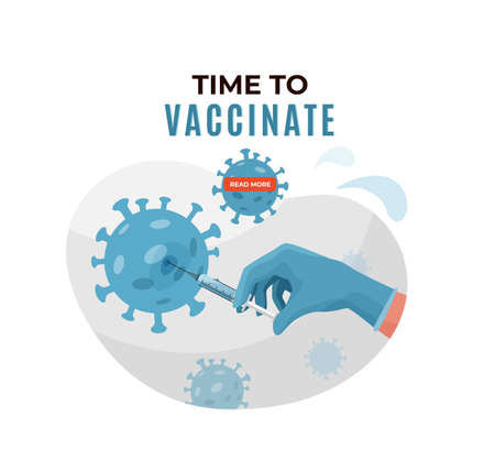 Nurse, doctor hand hold syringe with vaccine from coronavirus disease. Time to vaccinate text. Protect health vaccination campaign concept vector background. Isolated on white backdropのイラスト素材