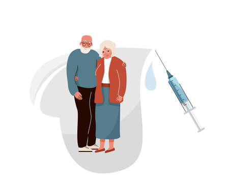 Vaccinate elderly vector background. Old couple hugging and smiling in heart shape with safety protect vaccine syringe. Virus protection. Isolated on white backdropのイラスト素材