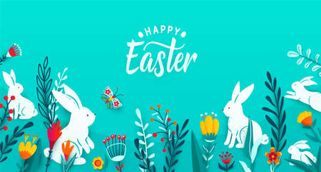 Happy easter greeting frame banner background with paper cut bunnies, flowers, grass, butterfly. Minimal 3d style floral background. Vector illustrationのイラスト素材